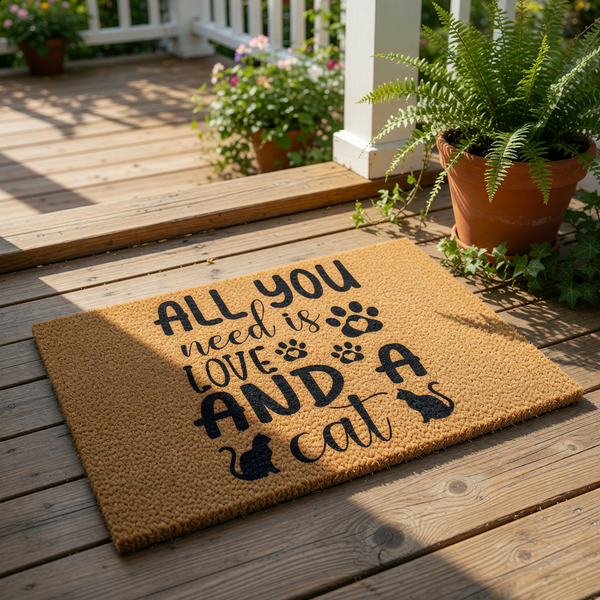 Cat lover welcome doormat featuring a natural coir fiber texture with black printed text that reads All You Need Is Love And A Cat, accented with cute paw prints and cat silhouettes for a fun pet owner home entrance decor floor