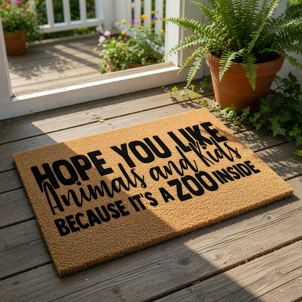 Funny animal and kids doormat with bold black text on a natural coir fiber welcome mat, featuring a humorous quote about a zoo inside for a family home entrance, perfect for a front porch or housewarming gift for parents.