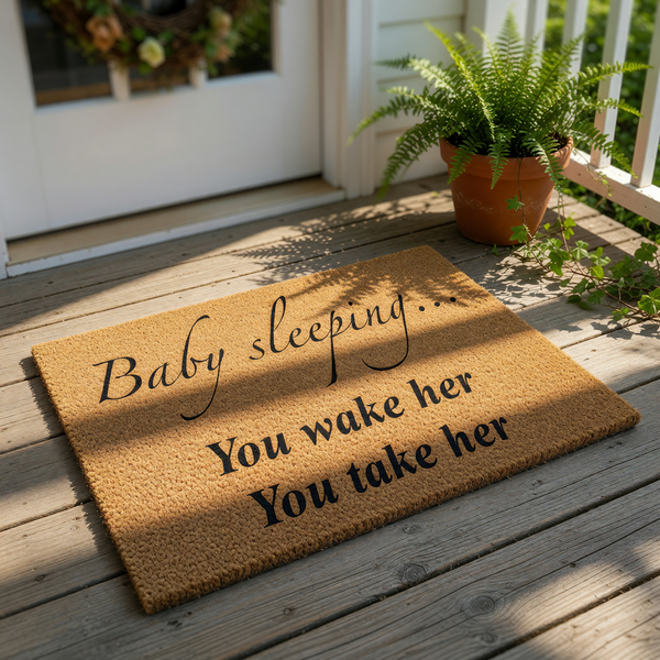 Baby sleeping doormat with funny text, a natural coir fiber welcome mat for front porch entryways that warns visitors not to wake the baby, featuring bold black lettering on a durable brown outdoor floor mat for new parents and