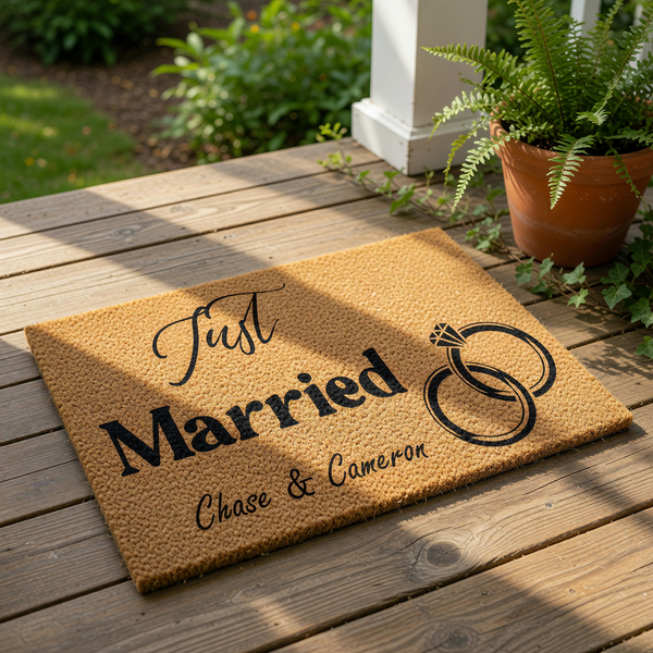 Personalized Just Married doormat featuring a natural coir fiber texture, elegant black script text, and interlocking wedding ring graphics, making a stylish custom welcome mat for newlywed couples and a unique housewarming home