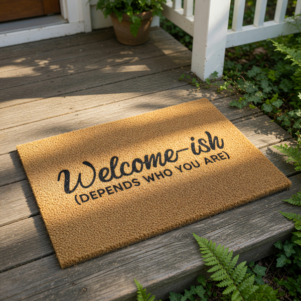 Funny Welcome-ish doormat with humorous text printed on natural coir fiber, this sarcastic front porch welcome mat makes a witty housewarming gift for a new home or apartment entry, featuring bold black lettering on a textured