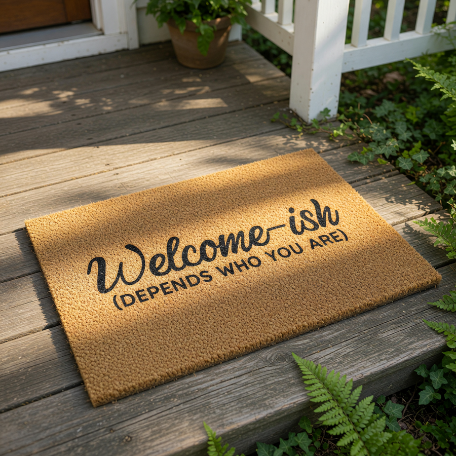 Funny Welcome-ish doormat with humorous text printed on natural coir fiber, this sarcastic front porch welcome mat makes a witty housewarming gift for a new home or apartment entry, featuring bold black lettering on a textured