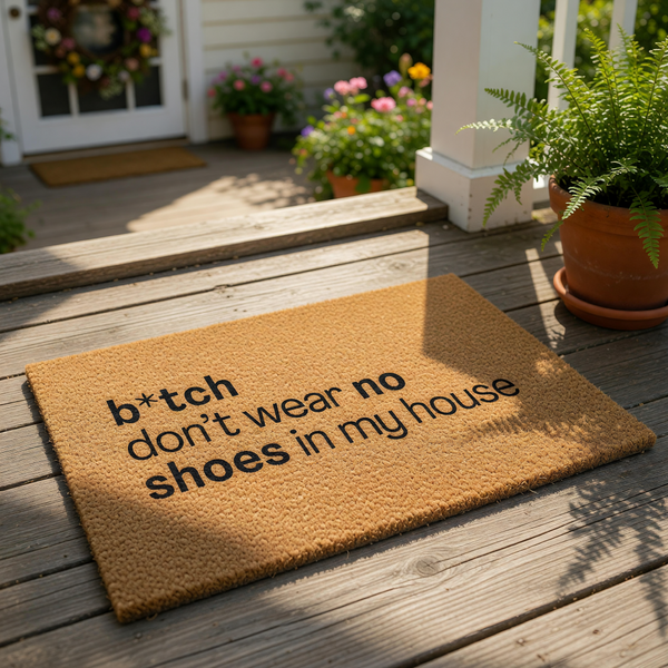 Funny doormat with rude text that says bitch don't wear no shoes in my house, featuring a natural coir fiber texture for a front porch welcome mat that adds humorous decor to your home entryway and keeps floors clean from dirt.