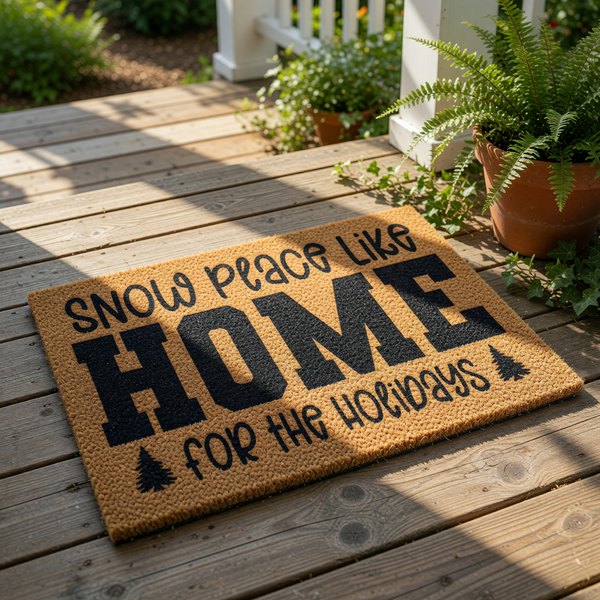 Snow Peace Like Home for the Holidays coir doormat featuring black text and pine tree icons on a natural fiber welcome mat, perfect for winter porch decor, front door entryways, and festive seasonal home housewarming entryway