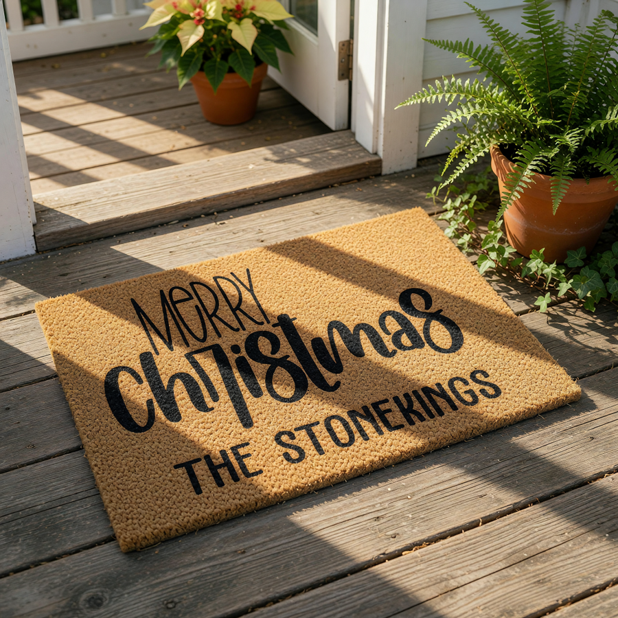 Personalized Merry Christmas doormat featuring custom family name text on a natural coir fiber mat, this holiday welcome mat is a festive outdoor floor rug for your front porch decor during the winter season and holiday home