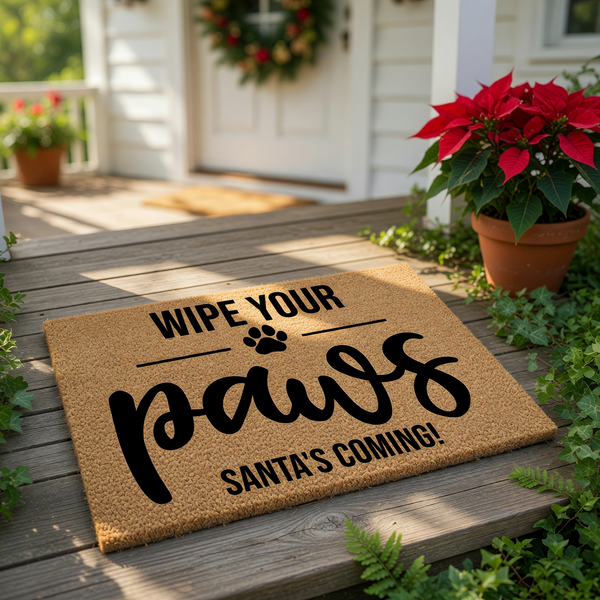 Wipe Your Paws Santa's Coming doormat, a natural coir fiber welcome mat for pet owners featuring a black paw print design, perfect for holiday home decor, front porch entryways, and festive seasonal dog or cat lover housewarming.