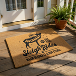 Reindeer Sleigh Rides Christmas doormat featuring a festive holiday design on natural coir fiber, perfect for winter porch decor with its charming reindeer silhouette, warm blankets, and hot cocoa text for a cozy seasonal