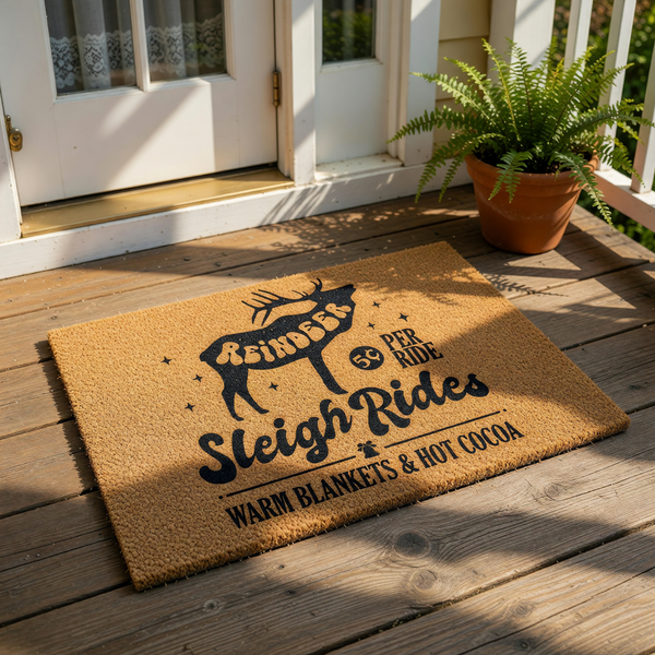 Reindeer Sleigh Rides Christmas doormat featuring a festive holiday design on natural coir fiber, perfect for winter porch decor with its charming reindeer silhouette, warm blankets, and hot cocoa text for a cozy seasonal