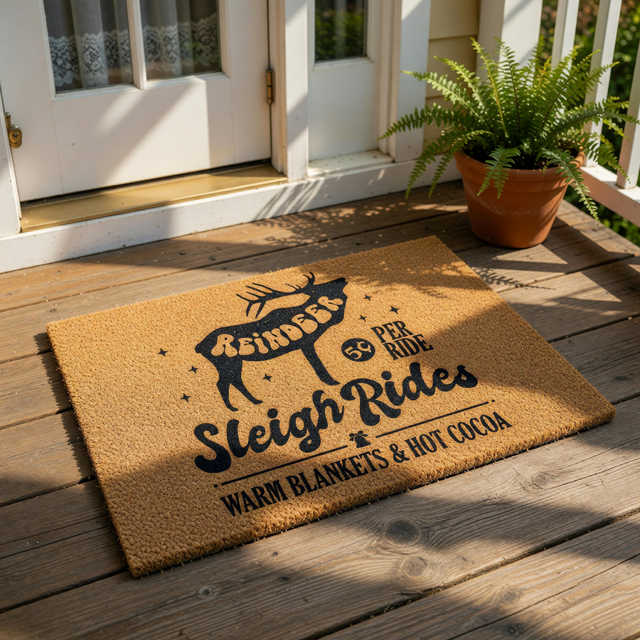 Reindeer Sleigh Rides Christmas doormat featuring a festive holiday design on natural coir fiber, perfect for winter porch decor with its charming reindeer silhouette, warm blankets, and hot cocoa text for a cozy seasonal