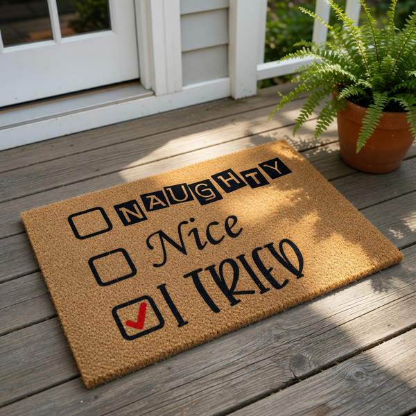 Naughty or Nice I Tried doormat featuring a funny holiday checklist design on natural coir fiber, this humorous welcome mat makes a festive front porch decor piece for your home entrance during the winter season and Christmas
