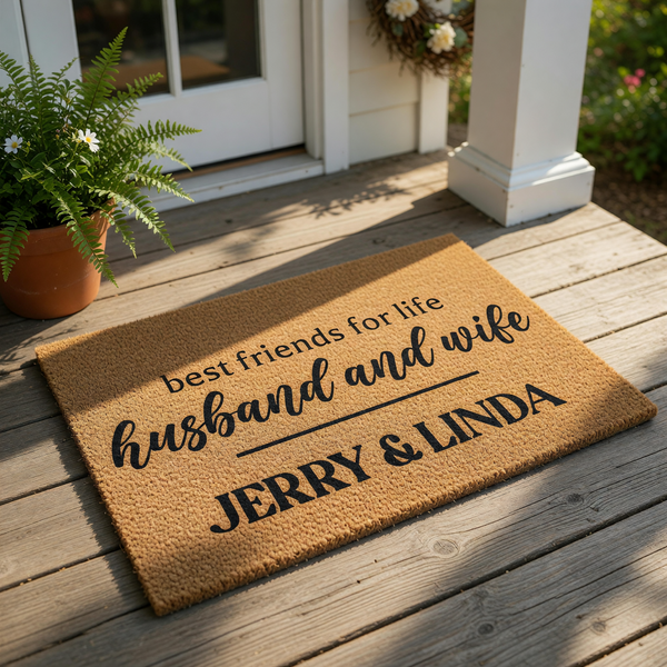 Personalized husband and wife doormat featuring natural coir fiber, this custom welcome mat for couples displays the text best friends for life and is a durable outdoor floor rug for a front porch or entryway home decor.