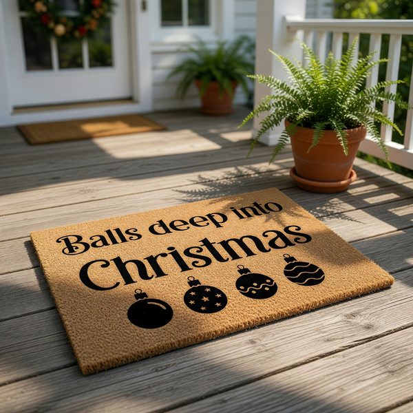 Funny Christmas doormat with a natural coir texture, featuring the bold text Balls deep into Christmas and four decorative holiday ornament icons, making this a cheeky seasonal welcome mat for your front porch or entryway decor.