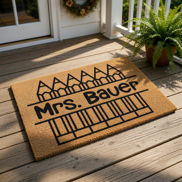 Personalized teacher doormat with a pencil design, this custom coir welcome mat features a classroom theme for a teacher gift, making a durable outdoor floor rug for a school entrance or home porch decor for an educator.