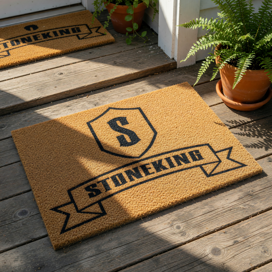 Personalized family name coir doormat featuring a shield crest with a large letter S and a banner design, this durable natural fiber welcome mat is a stylish housewarming decor piece for your front porch or entryway floor.