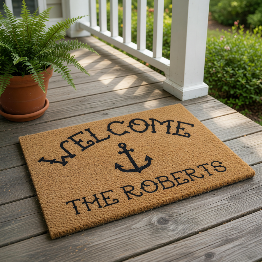 Personalized nautical welcome doormat featuring a black anchor icon and custom family name text on a natural coir fiber mat, perfect for a beach house, coastal home decor, or a front porch entrance for a nautical themed entryway.