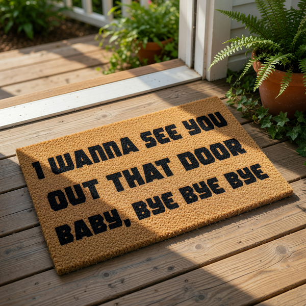 Funny doormat with bold black text that reads I wanna see you out that door baby bye bye bye, this natural coir fiber welcome mat is a humorous front porch decor piece for your home entrance and a great housewarming gift idea.