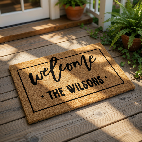 Personalized family name welcome doormat featuring a natural coir fiber texture with a black rectangular border, script welcome text, and custom last name lettering for a stylish front porch entry decor and housewarming entrance