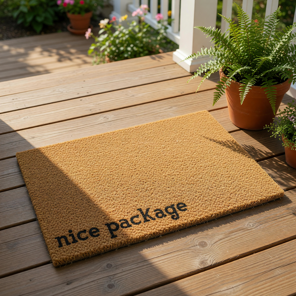 Funny nice package doormat with bold black text on a natural coir fiber welcome mat, perfect for a humorous front porch entry, housewarming decor, or a cheeky outdoor floor rug for your home entrance and entryway floor covering.
