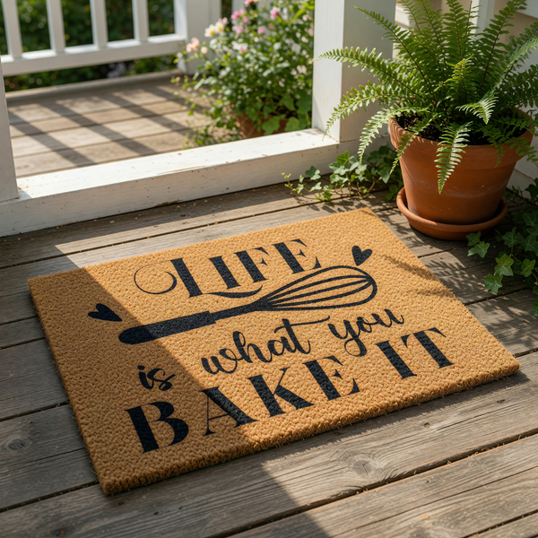 Life is what you bake it doormat featuring a whisk icon and black text on a natural coir fiber welcome mat, perfect for a kitchen entryway, front porch decor, or a housewarming gift for bakers who love cooking and baking themes.