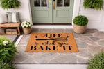 Life is what you bake it doormat featuring a whisk design on natural coir fiber, this funny kitchen welcome mat is a durable outdoor rug for your front porch entry, perfect for bakers and home cooking enthusiasts who love