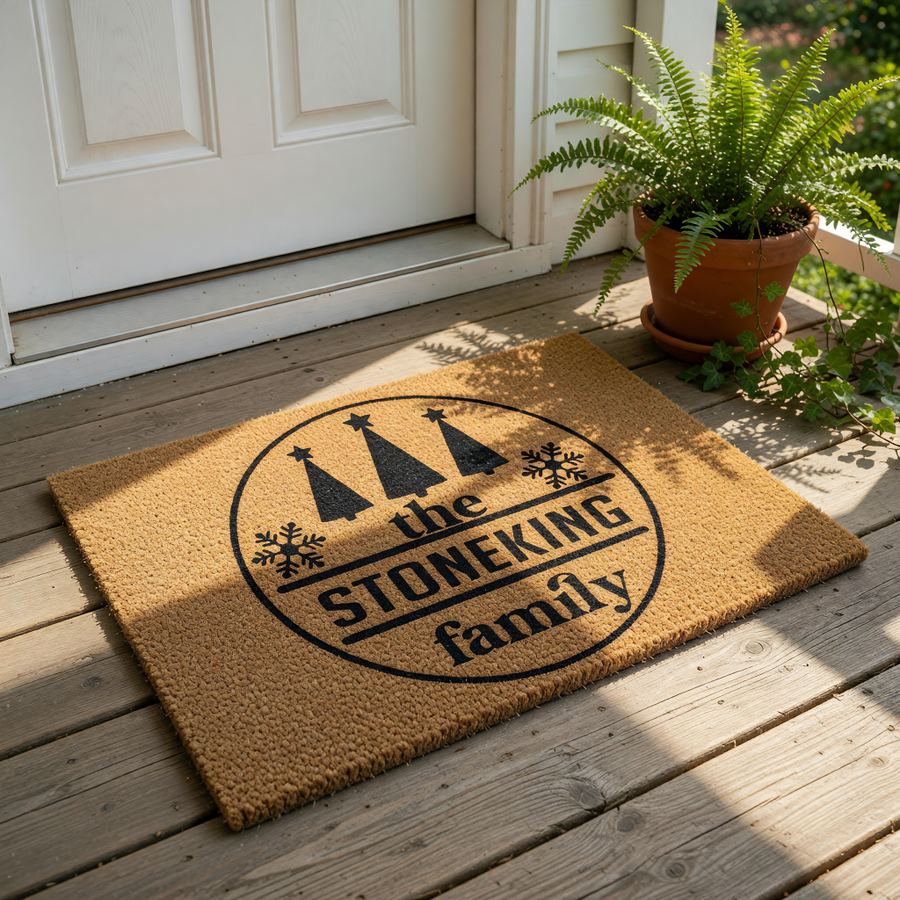 Personalized family name doormat featuring a festive Christmas tree and snowflake design on natural coir fiber, this custom outdoor welcome mat makes a stylish holiday home decor piece for your front porch entrance and entryway.