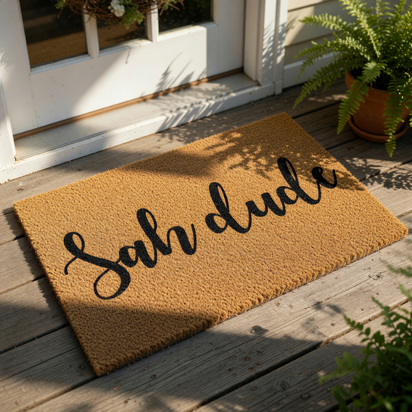 Sah dude coir doormat with black script lettering on a natural fiber welcome mat, perfect for a funny front porch entry, apartment decor, or housewarming entrance rug that adds a casual, humorous touch to your home doorway.