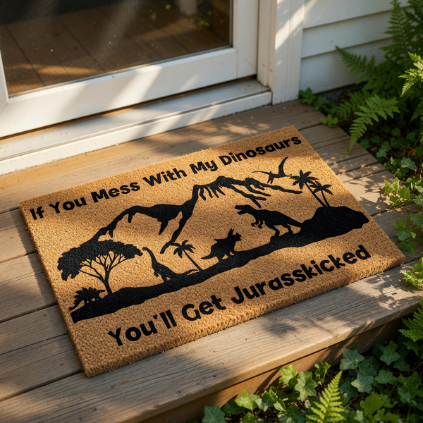 Dinosaur welcome doormat featuring a funny pun quote and prehistoric landscape silhouette, this natural coir fiber outdoor rug is a humorous front porch mat for dinosaur lovers and kids who enjoy fun home decor and entryway