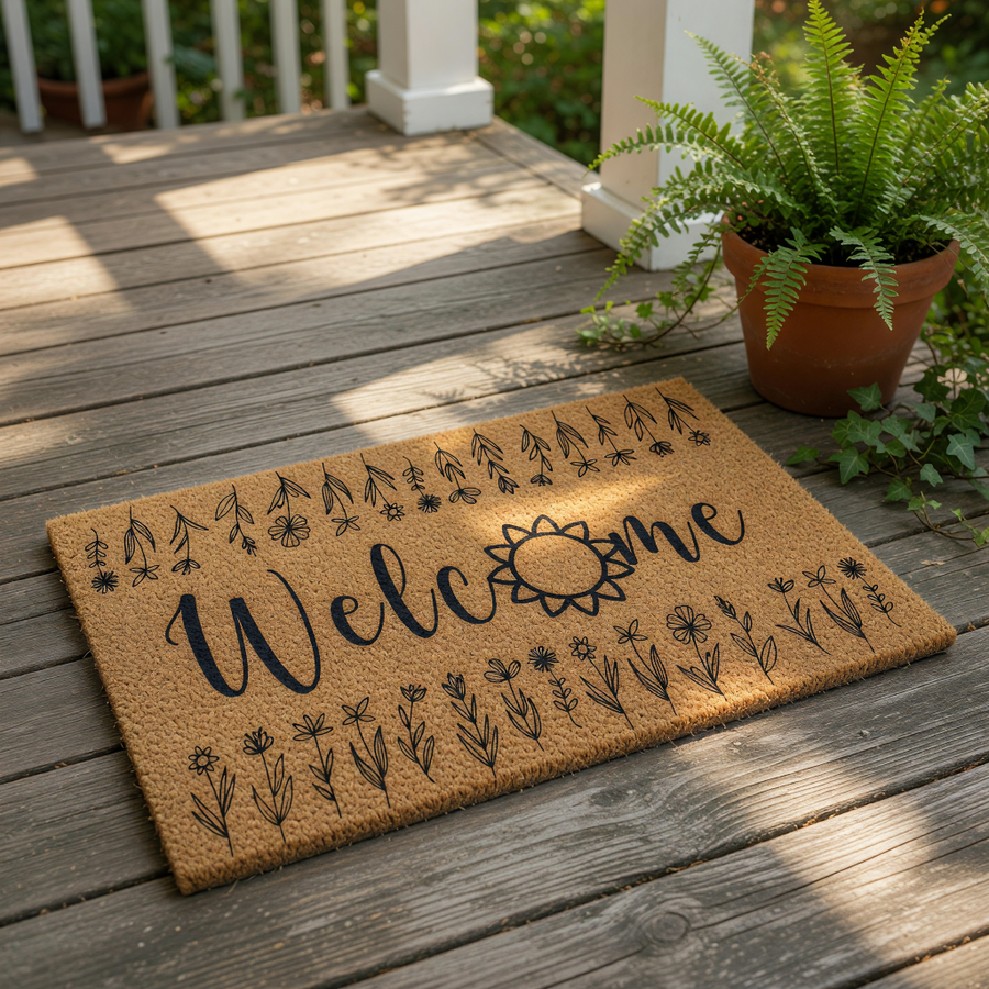 Floral Welcome Doormat with a natural coir fiber texture, featuring a black script font and a sunflower design, this outdoor welcome mat is a stylish front porch decor piece for your home entrance and entryway floor.
