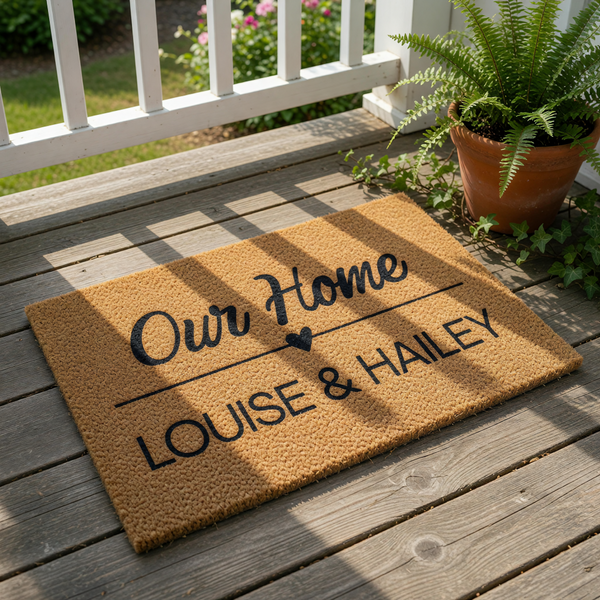 Personalized coir doormat for front porch entry featuring custom text Our Home with a heart icon and space for names, this durable natural fiber welcome mat is a stylish housewarming decor piece for any new home or apartment