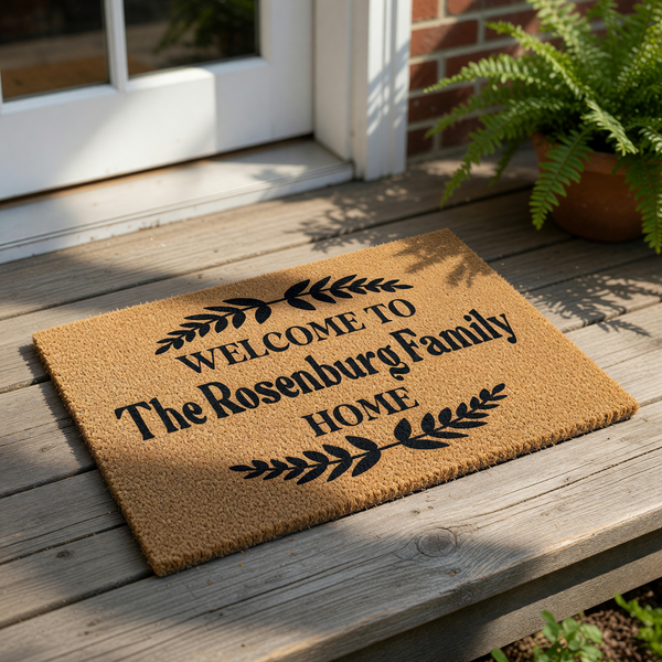 Personalized family name welcome doormat featuring a natural coir fiber texture with black text and leaf branch accents, this custom front porch rug makes a housewarming entry mat for any home entrance or outdoor door decor.