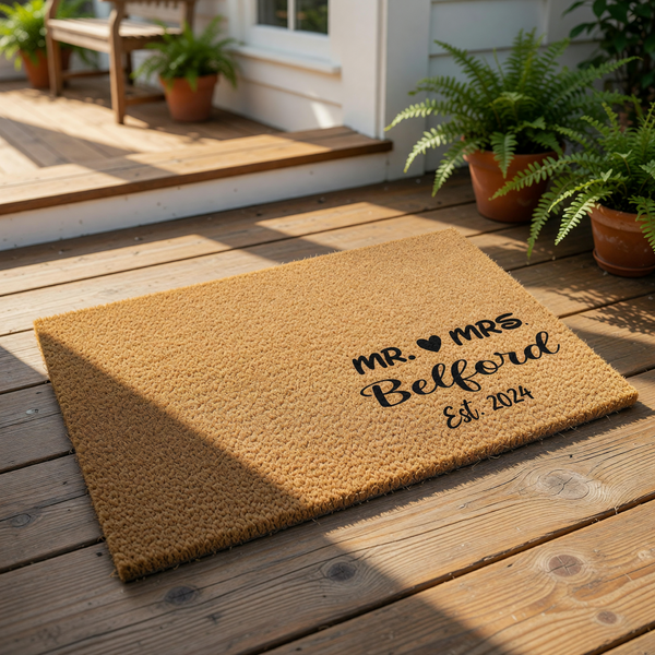 Personalized Mr. and Mrs. wedding doormat made of natural coir fiber, featuring a custom family name and established year design for a front porch entrance, perfect as a housewarming or newlywed home decor welcome mat for couples.