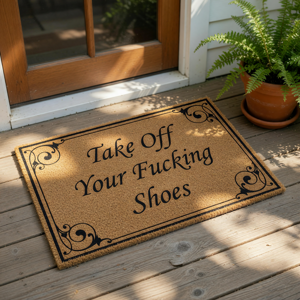 Funny doormat with the text Take Off Your Fucking Shoes printed in black script on a natural coir fiber welcome mat, featuring a decorative scrollwork border for a rude or humorous home entryway decor look for your front porch.