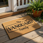 Personalized family name coir doormat featuring a classic rectangular border design, this durable natural fiber welcome mat is a custom housewarming entry rug for front porches and home entrances that adds a stylish touch to any