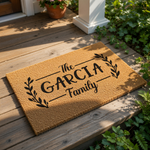 Personalized family name coir doormat featuring a rustic leaf design and custom text, this durable natural fiber welcome mat is a stylish housewarming entry rug for your front porch or home entrance decor.