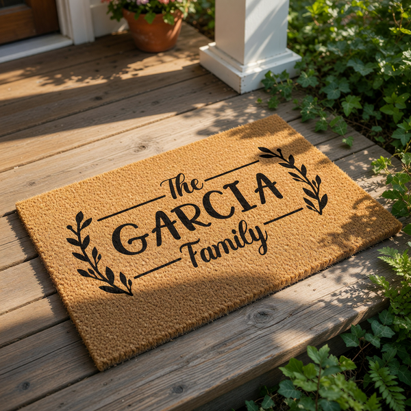 Personalized family name coir doormat featuring a rustic leaf design and custom text, this durable natural fiber welcome mat is a stylish housewarming entry rug for your front porch or home entrance decor.