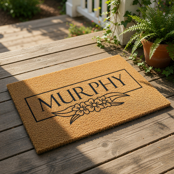 Personalized family name coir doormat featuring a rectangular frame and floral design, this custom outdoor welcome mat is a durable entrance rug for your front porch, home decor, or housewarming entry way floor covering.