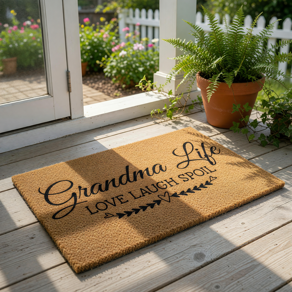 Grandma coir doormat featuring the text Grandma Life Love Laugh Spoil with heart and arrow accents, this natural fiber welcome mat is a durable outdoor floor rug for a front porch entry or home decor for a grandmother.