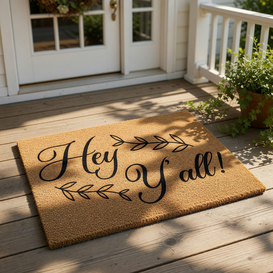 Hey Y'all doormat with a natural coir fiber texture and black script lettering, featuring decorative leaf accents on this rustic outdoor welcome mat for a farmhouse porch entry or front door decor that greets your guests.