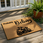 Probably Riding motorcycle doormat featuring a black sport bike graphic on natural coir fiber, this funny biker welcome mat is a durable outdoor floor rug for motorcycle enthusiasts and riders who love their fast street bikes.