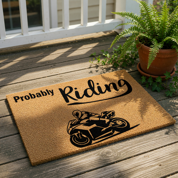 Probably Riding motorcycle doormat featuring a black sport bike graphic on natural coir fiber, this funny biker welcome mat is a durable outdoor floor rug for motorcycle enthusiasts and riders who love their fast street bikes.