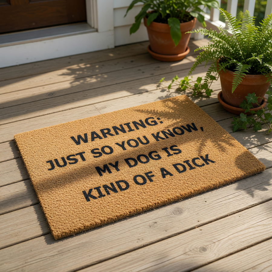 Funny dog warning doormat made of natural coir fiber with bold black text that reads, Warning: Just so you know, my dog is kind of a dick, perfect for a humorous front porch welcome mat or a sarcastic housewarming entry rug for
