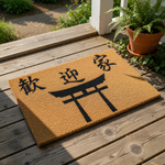 Asian inspired coir doormat featuring a black torii gate icon and traditional characters for welcome home, this durable natural fiber welcome mat is a stylish outdoor floor rug for your front porch entry or home entryway decor.