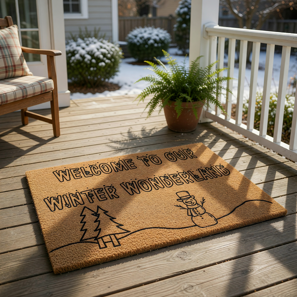 Winter Wonderland welcome doormat featuring a festive snowman and pine tree design on natural coir fiber, this holiday front porch rug adds seasonal charm to your home entrance with its durable outdoor mat construction and