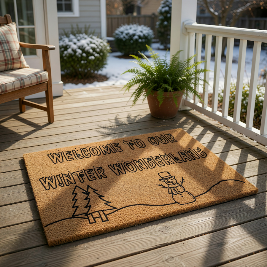 Winter Wonderland welcome doormat featuring a festive snowman and pine tree design on natural coir fiber, this holiday front porch rug adds seasonal charm to your home entrance with its durable outdoor mat construction and