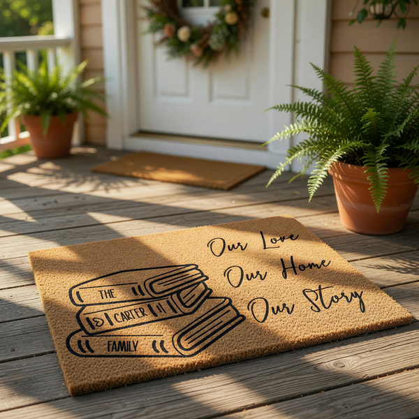 Personalized family name doormat featuring a stack of books illustration and the text Our Love Our Home Our Story, this custom coir welcome mat is a durable outdoor floor rug for housewarming gifts or front porch home decor.