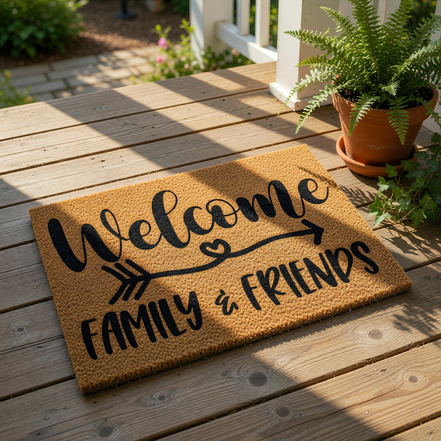 Welcome Family and Friends coir doormat featuring a decorative arrow and heart design, this natural fiber welcome mat is a stylish front porch rug for your home entrance, providing a warm greeting for all your house guests and