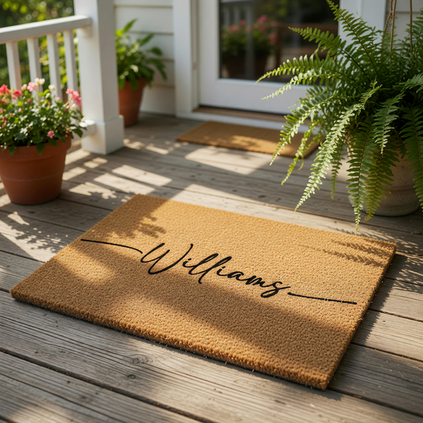 Personalized family name doormat featuring a natural coir fiber texture with a custom last name in elegant black script, making this custom welcome mat a stylish front porch decor piece for any new home or housewarming