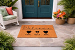 Personalized family welcome doormat with heart icons and paw print design, featuring custom names on a durable coir fiber mat for a front porch entrance, creating a warm and inviting home decor look for any entryway or house door.