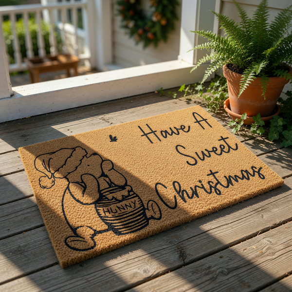 Christmas bear doormat featuring a cute cartoon bear wearing a Santa hat next to a honey pot, with the text Have A Sweet Christmas printed on a natural coir welcome mat for your front porch or holiday home entryway decor.