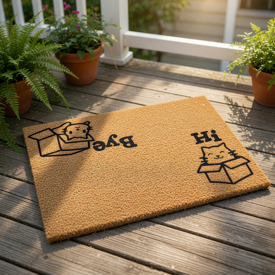 Cat in a box doormat featuring a cute kitten illustration with Hi and Bye text, this natural coir fiber welcome mat is a funny entryway rug for cat lovers who want a unique front porch decor piece for their home entrance.